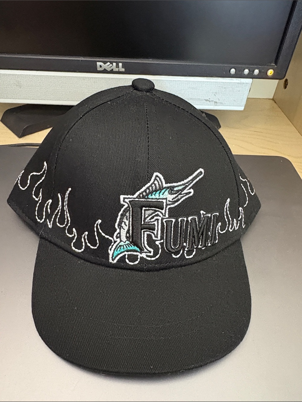 Fumi Black Kids Baseball Cap with Flame Embroidery and Teal Accent